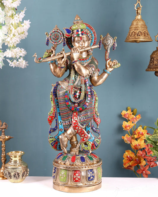 Superfine Brass Krishna Sculpture holding shankh and chakra - 32.5 Inch with stonework - Budhshiv.com