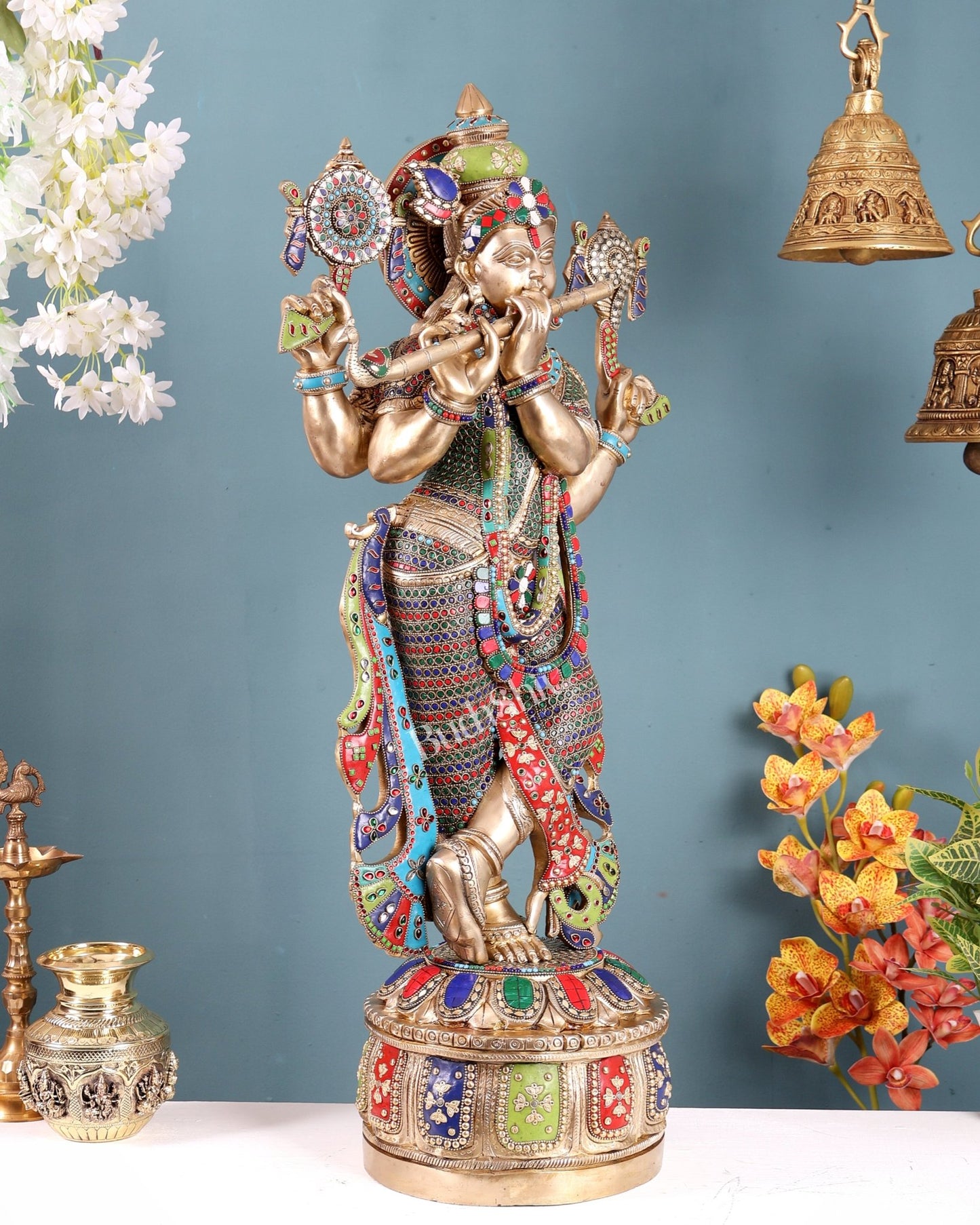 Superfine Brass Krishna Sculpture holding shankh and chakra - 32.5 Inch with stonework - Budhshiv.com