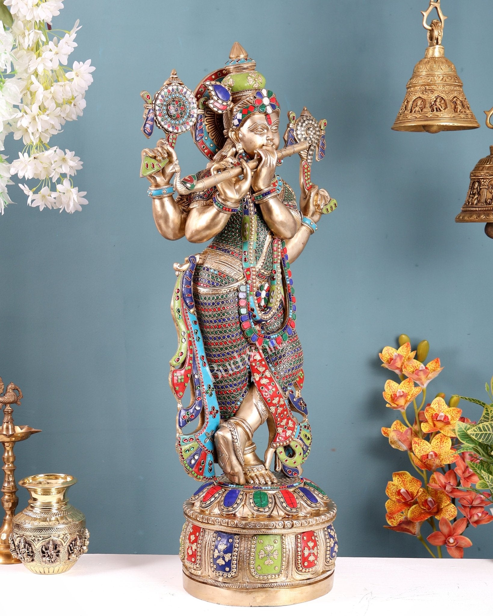 Superfine Brass Krishna Sculpture holding shankh and chakra - 32.5 Inch with stonework - Budhshiv.com