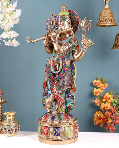 Superfine Brass Krishna Sculpture holding shankh and chakra - 32.5 Inch with stonework - Budhshiv.com