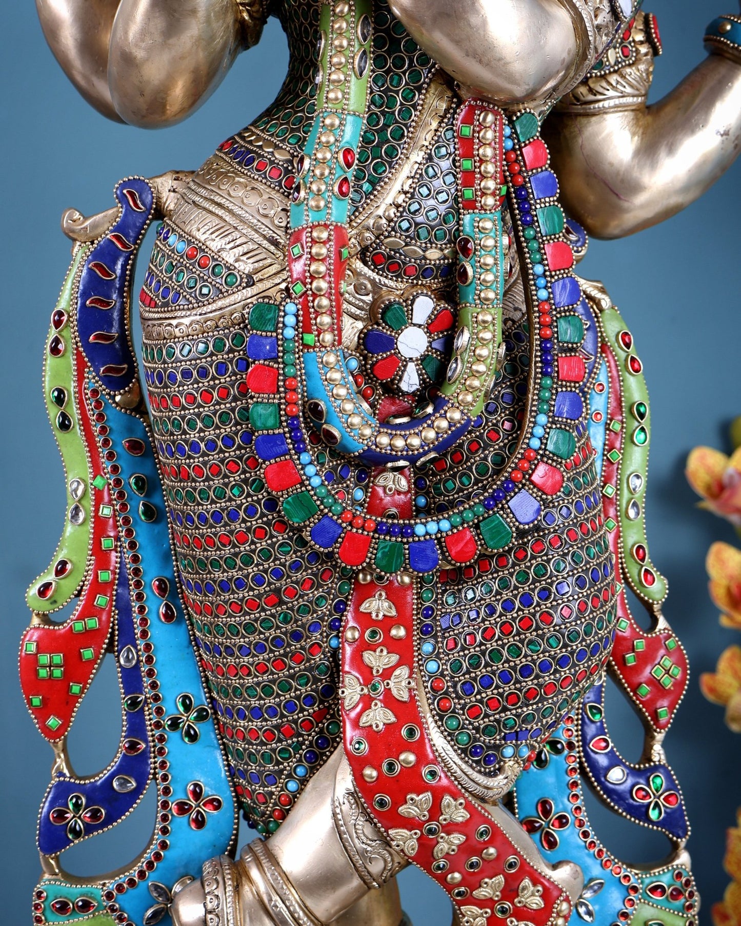 Superfine Brass Krishna Sculpture holding shankh and chakra - 32.5 Inch with stonework - Budhshiv.com