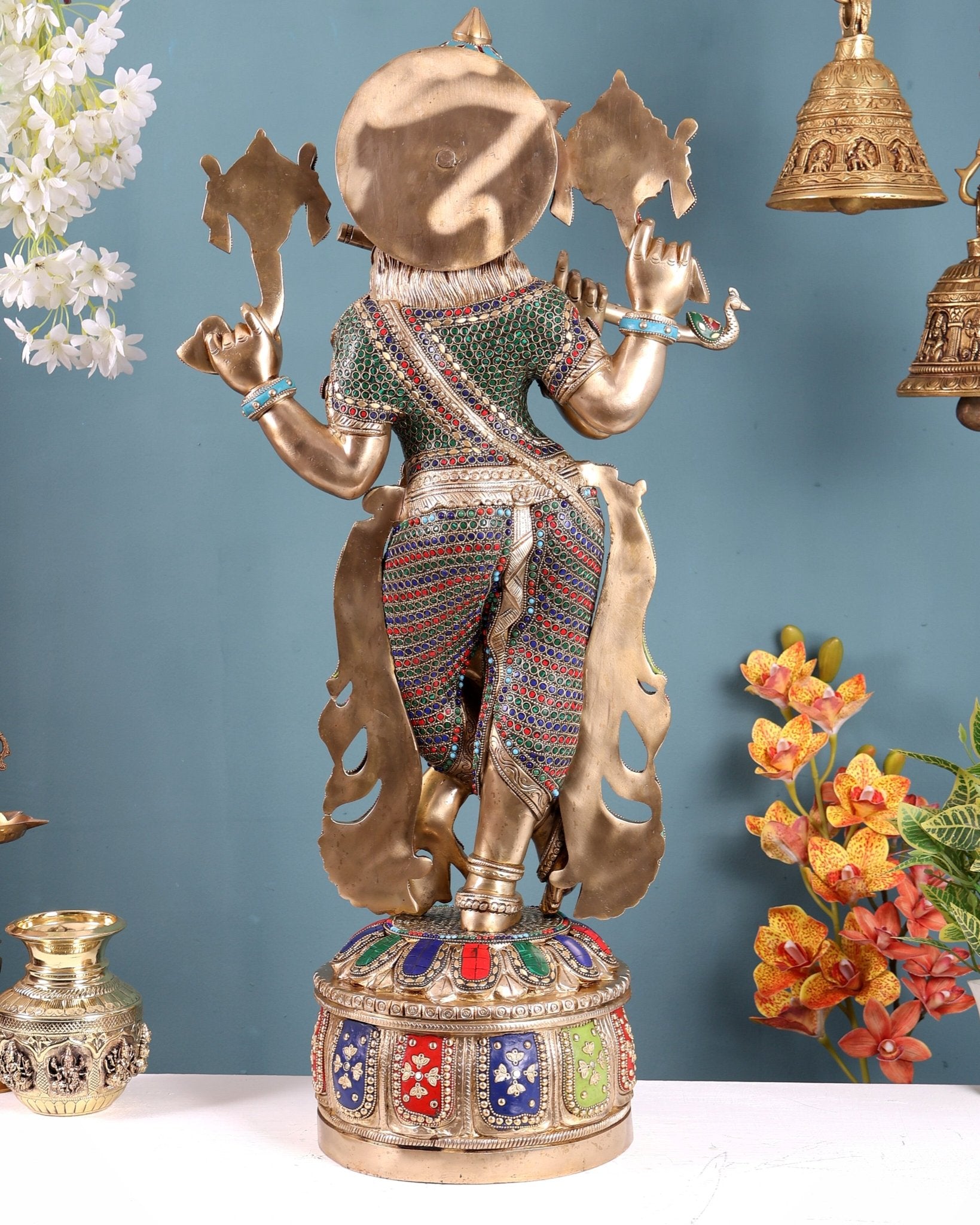 Superfine Brass Krishna Sculpture holding shankh and chakra - 32.5 Inch with stonework - Budhshiv.com