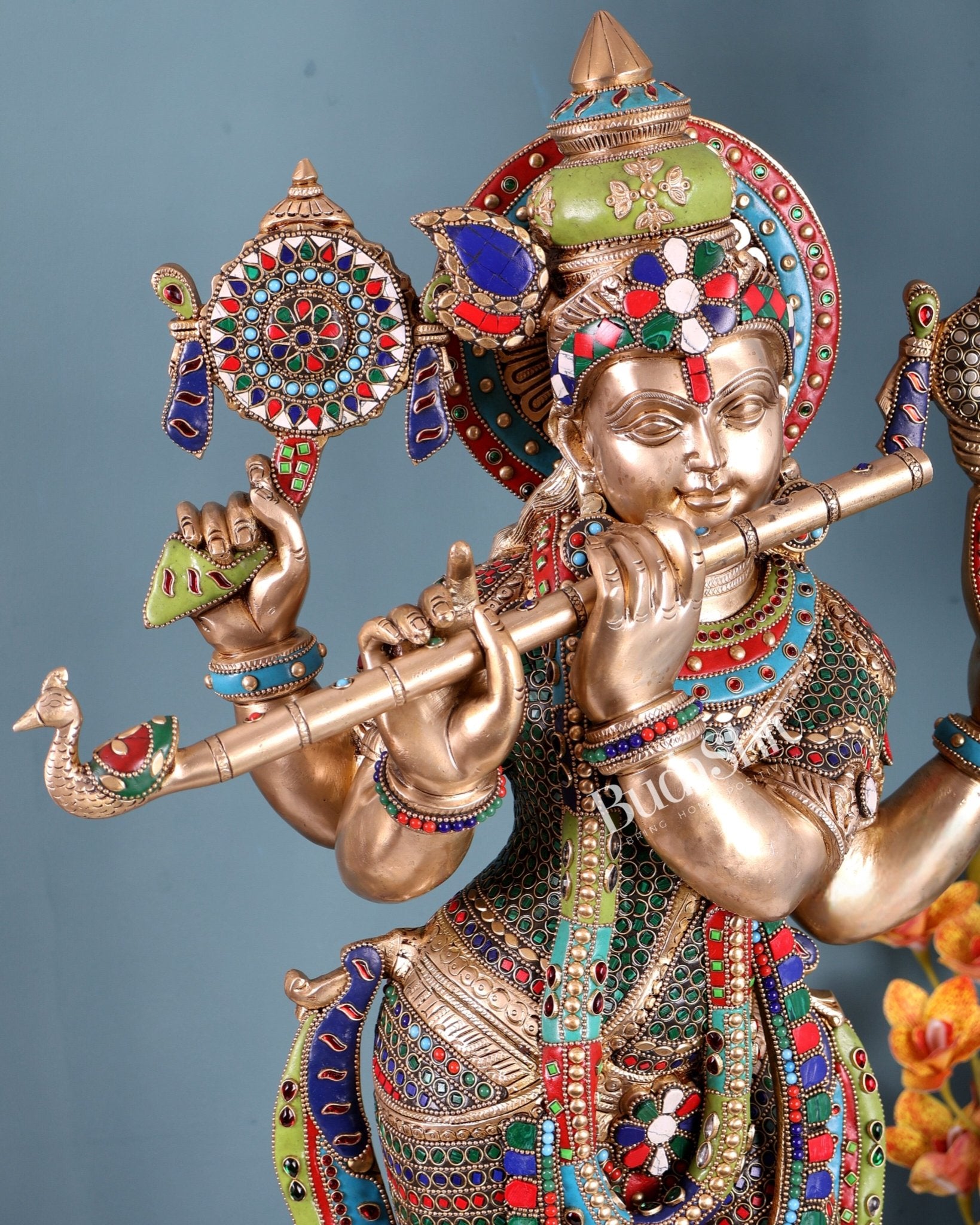 Superfine Brass Krishna Sculpture holding shankh and chakra - 32.5 Inch with stonework - Budhshiv.com