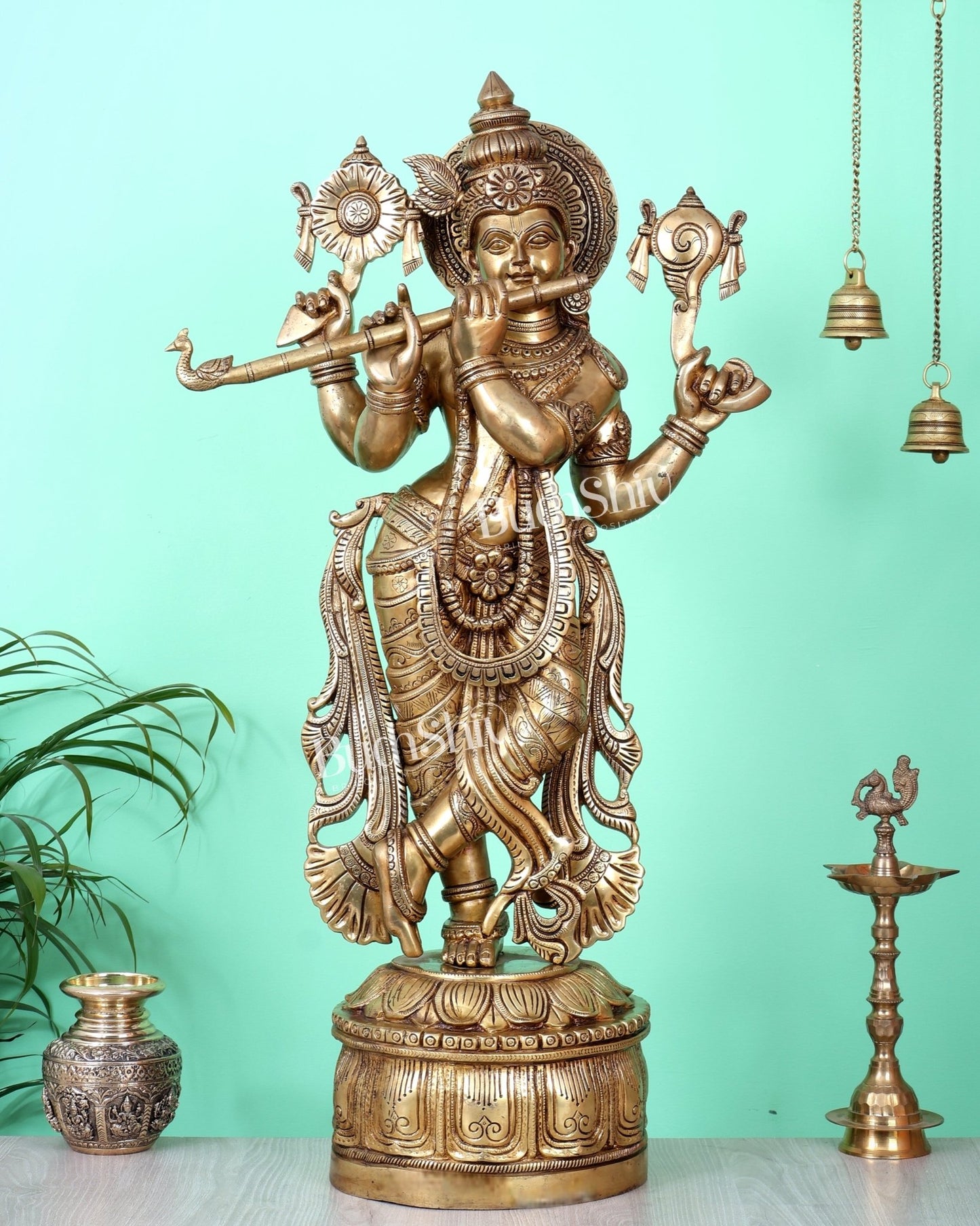 Superfine Brass Krishna Sculpture holding shankh and chakra - 32.5 Inch - Budhshiv.com