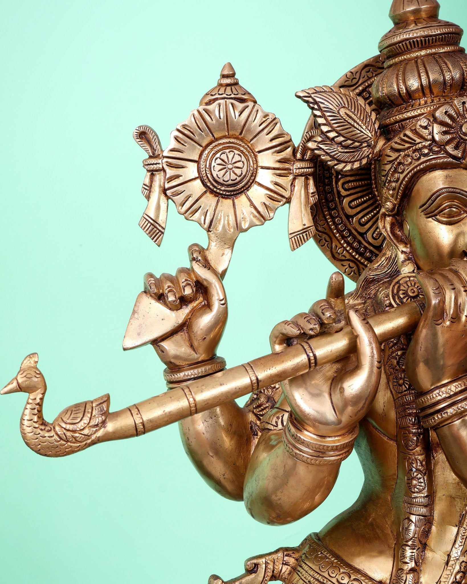 Superfine Brass Krishna Sculpture holding shankh and chakra - 32.5 Inch - Budhshiv.com