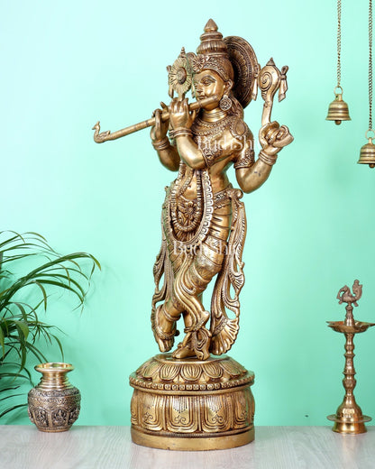 Superfine Brass Krishna Sculpture holding shankh and chakra - 32.5 Inch - Budhshiv.com