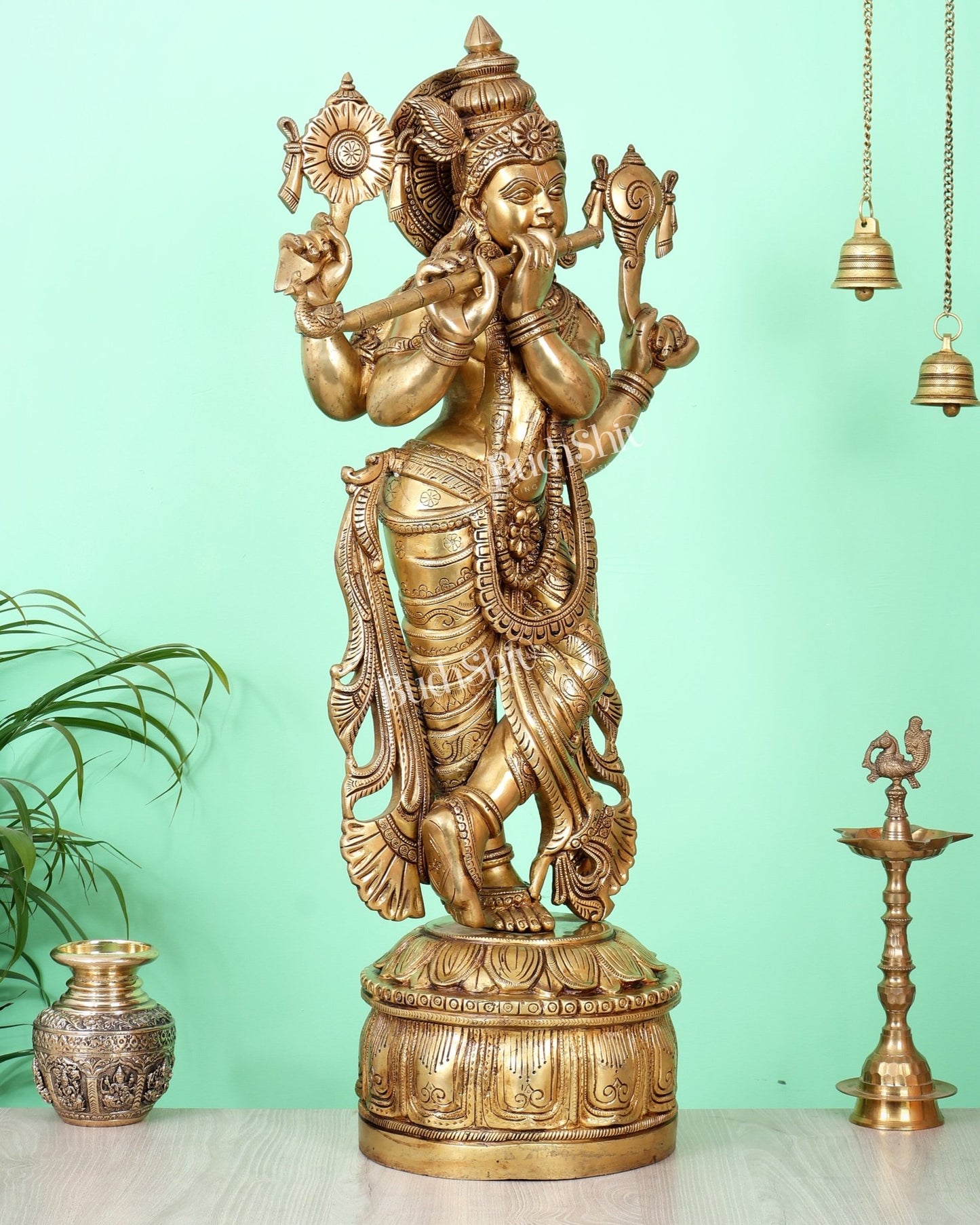 Superfine Brass Krishna Sculpture holding shankh and chakra - 32.5 Inch - Budhshiv.com