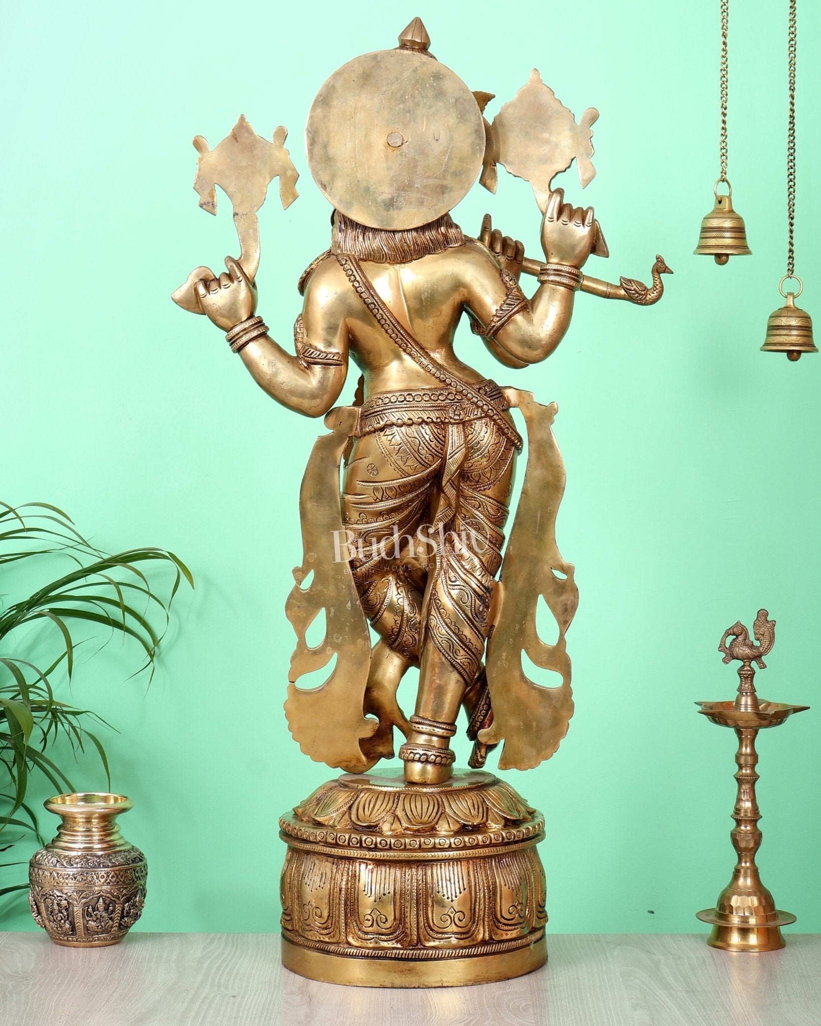 Superfine Brass Krishna Sculpture holding shankh and chakra - 32.5 Inch - Budhshiv.com