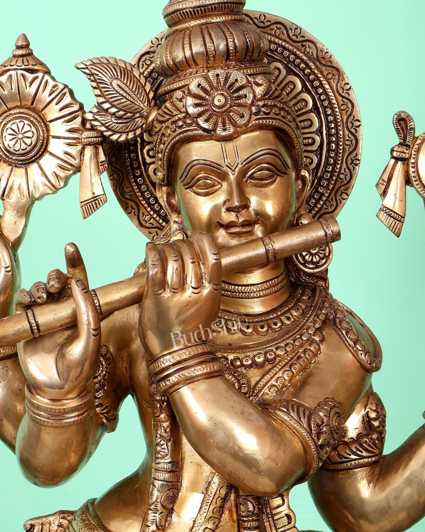 Superfine Brass Krishna Sculpture holding shankh and chakra - 32.5 Inch - Budhshiv.com