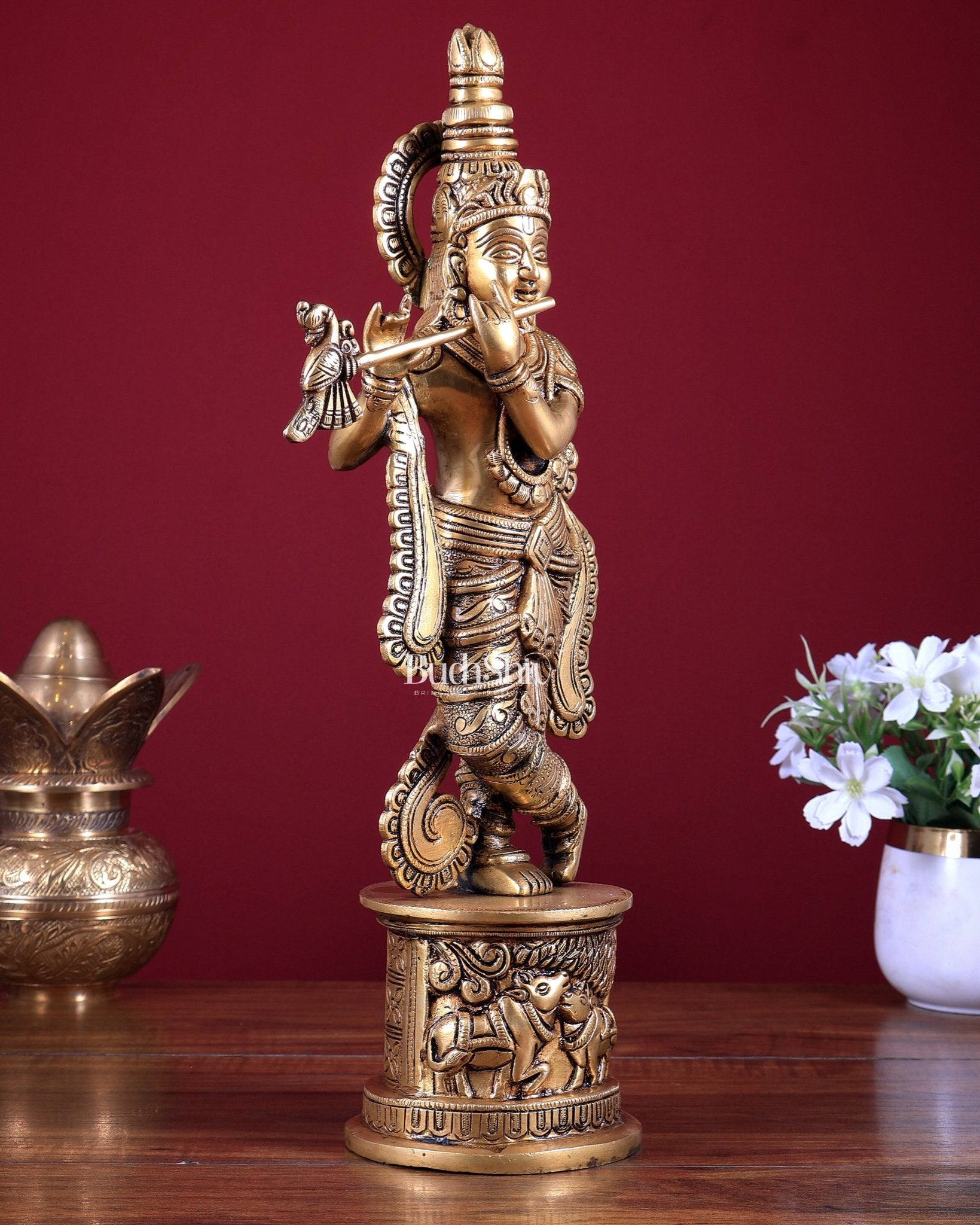 Superfine Brass Krishna Statue Cow on base 15.5 inch - Budhshiv.com