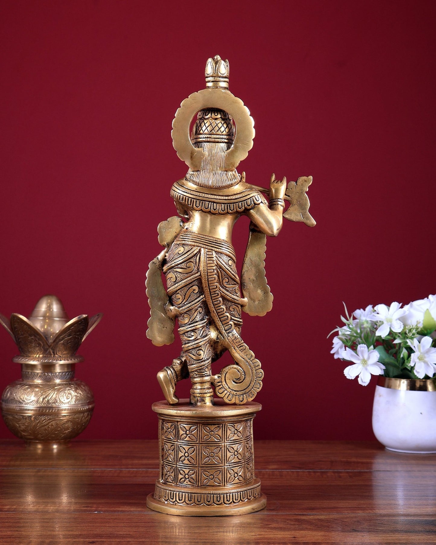 Superfine Brass Krishna Statue Cow on base 15.5 inch - Budhshiv.com