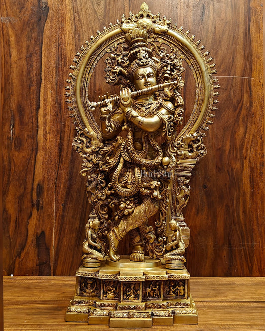 Superfine Brass Krishna Statue | Embossed Prabhaval 32" - Budhshiv.com