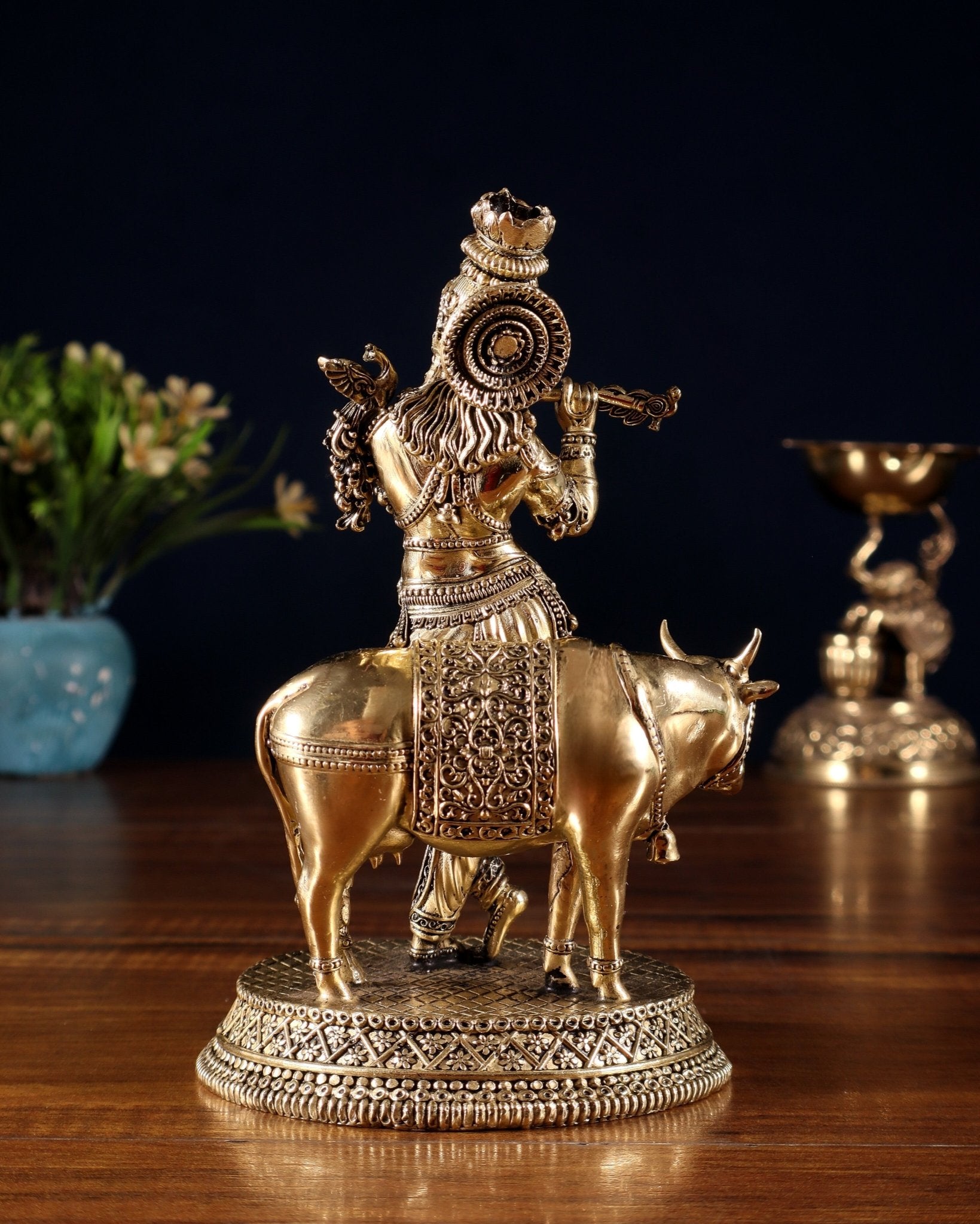 Superfine Brass Krishna with Cow idol - 7" - Budhshiv.com