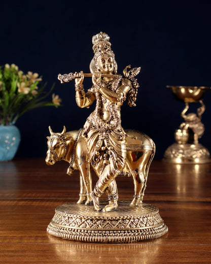 Superfine Brass Krishna with Cow idol - 7" - Budhshiv.com