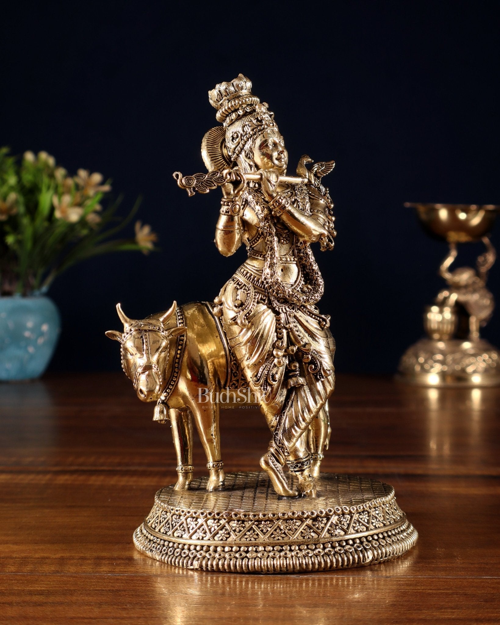 Superfine Brass Krishna with Cow idol - 7" - Budhshiv.com