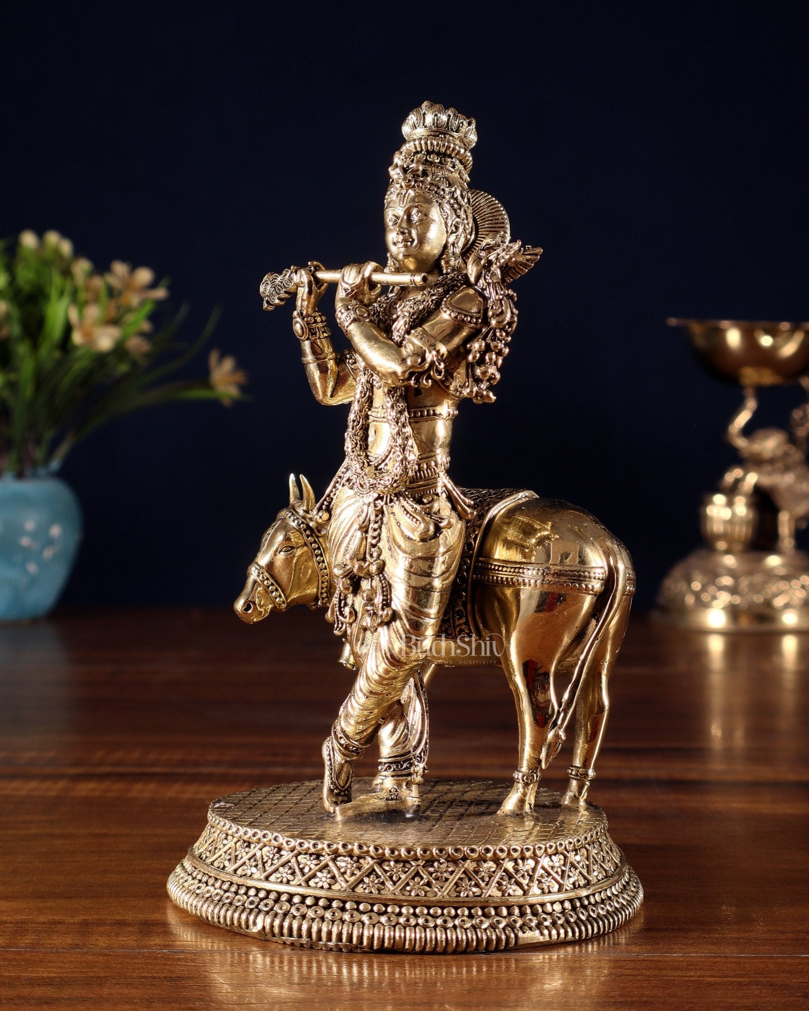 Superfine Brass Krishna with Cow idol - 7" - Budhshiv.com
