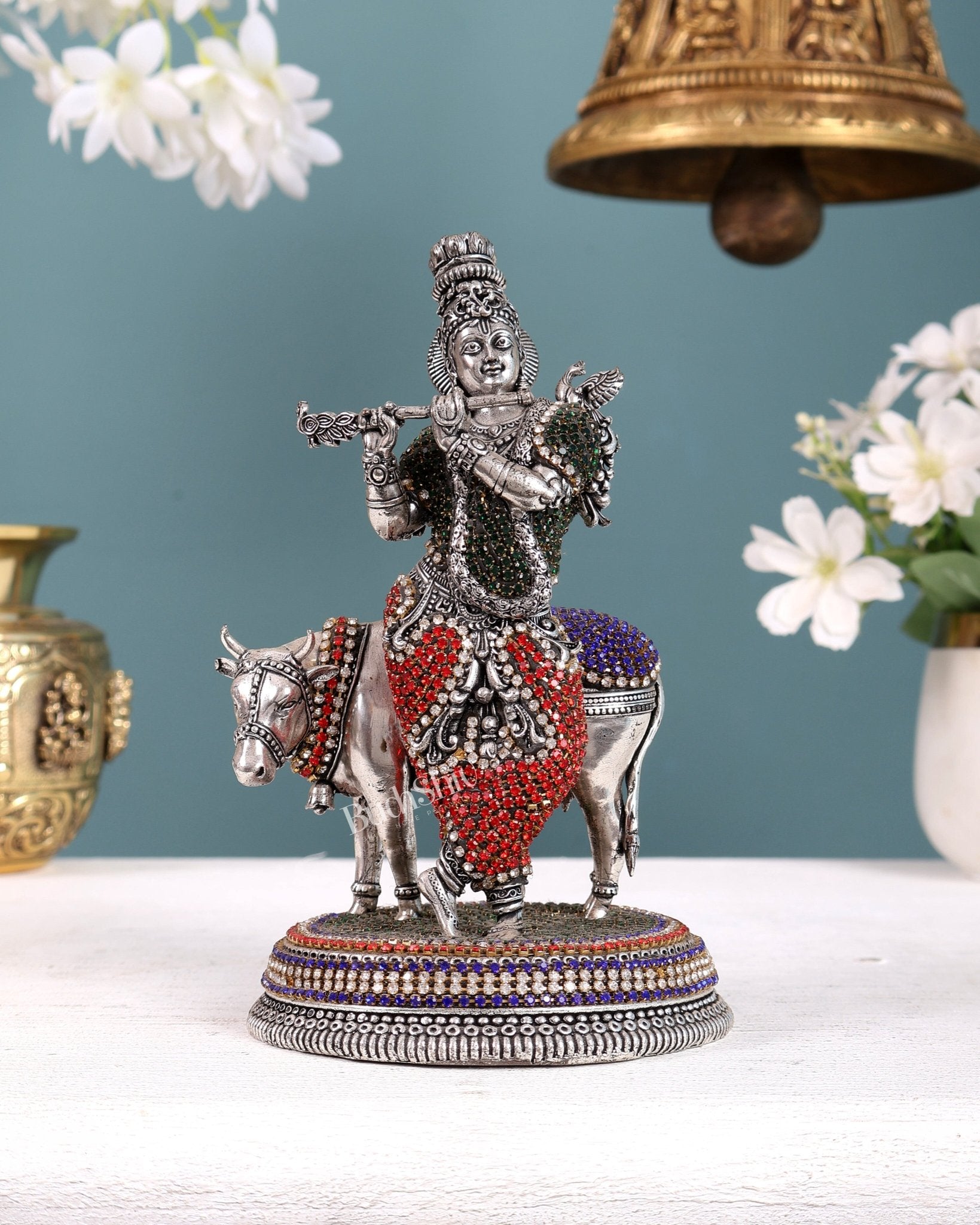 Superfine Brass Krishna with Cow idol silver plated with jewellers stonework - 7" - Budhshiv.com