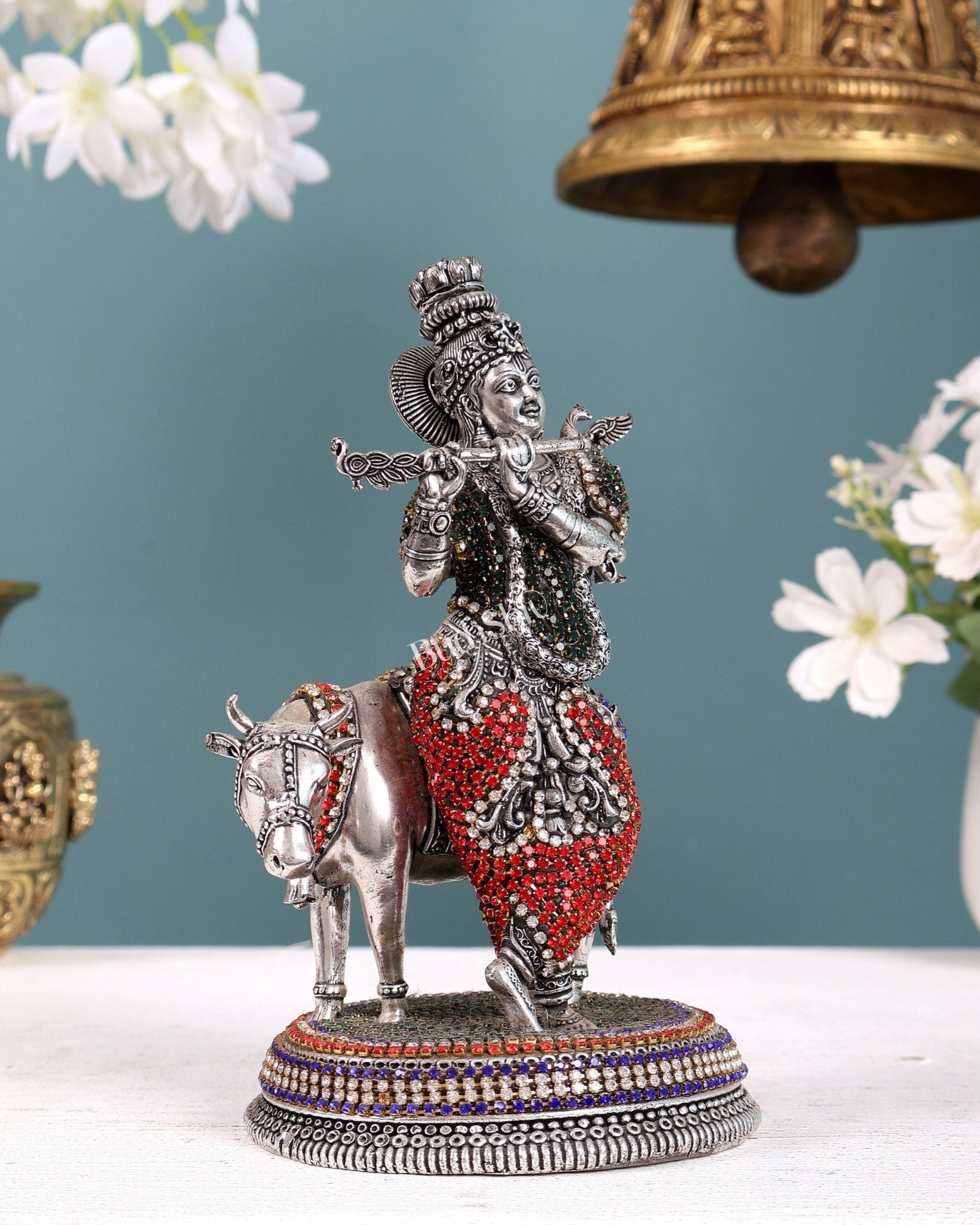 Superfine Brass Krishna with Cow idol silver plated with jewellers stonework - 7" - Budhshiv.com
