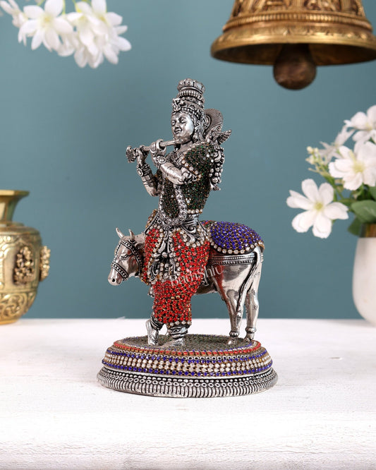 Superfine Brass Krishna with Cow idol silver plated with jewellers stonework - 7" - Budhshiv.com