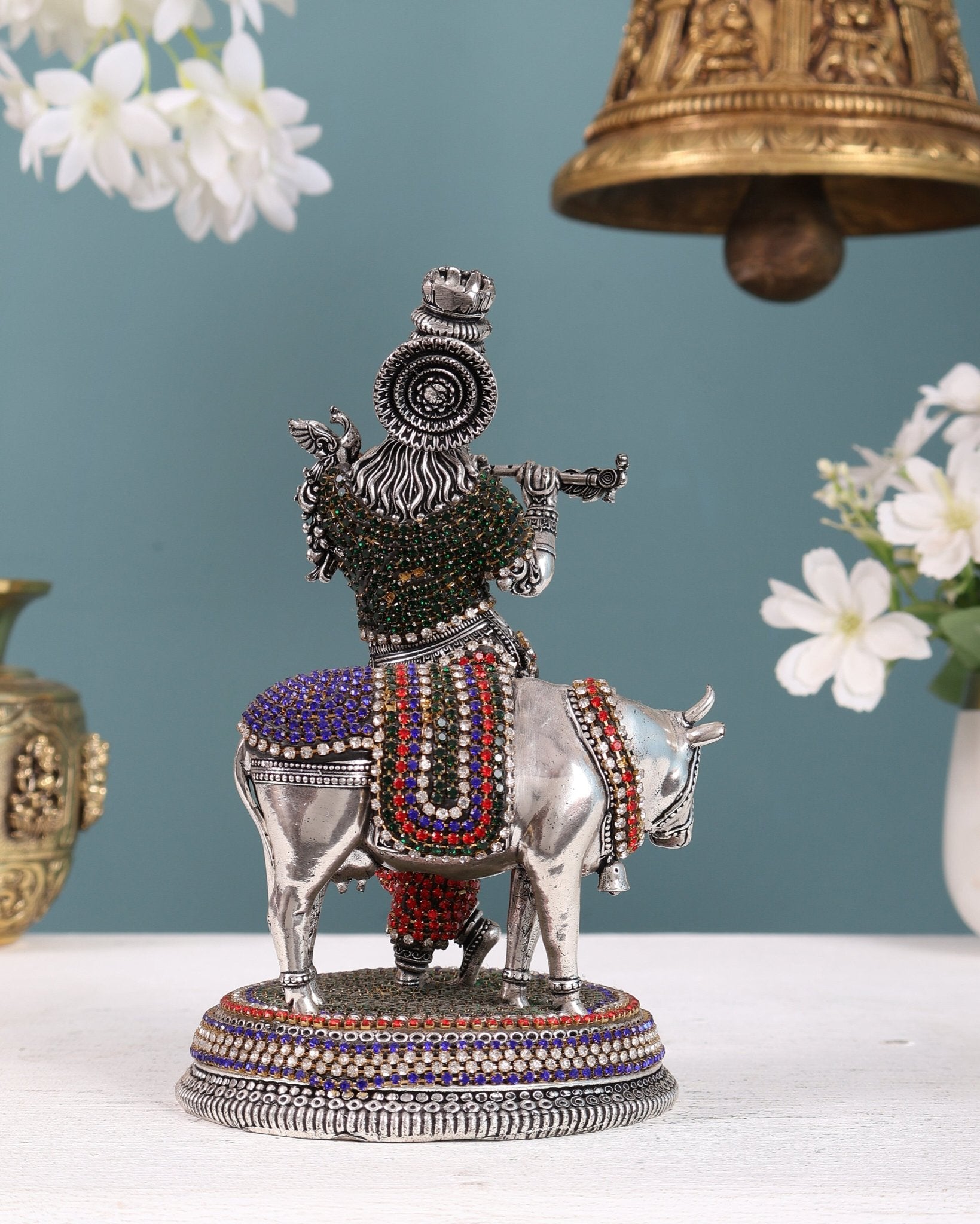 Superfine Brass Krishna with Cow idol silver plated with jewellers stonework - 7" - Budhshiv.com