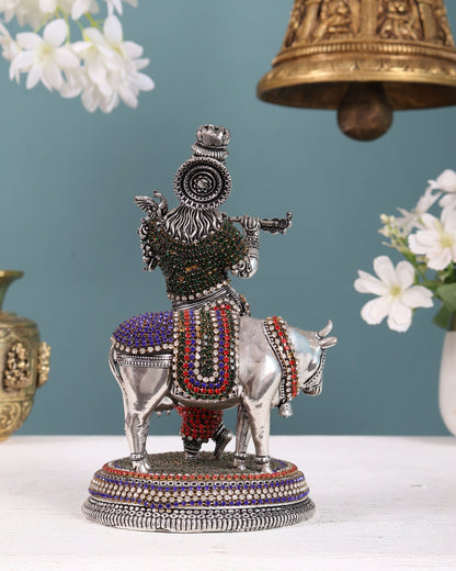 Superfine Brass Krishna with Cow idol silver plated with jewellers stonework - 7" - Budhshiv.com