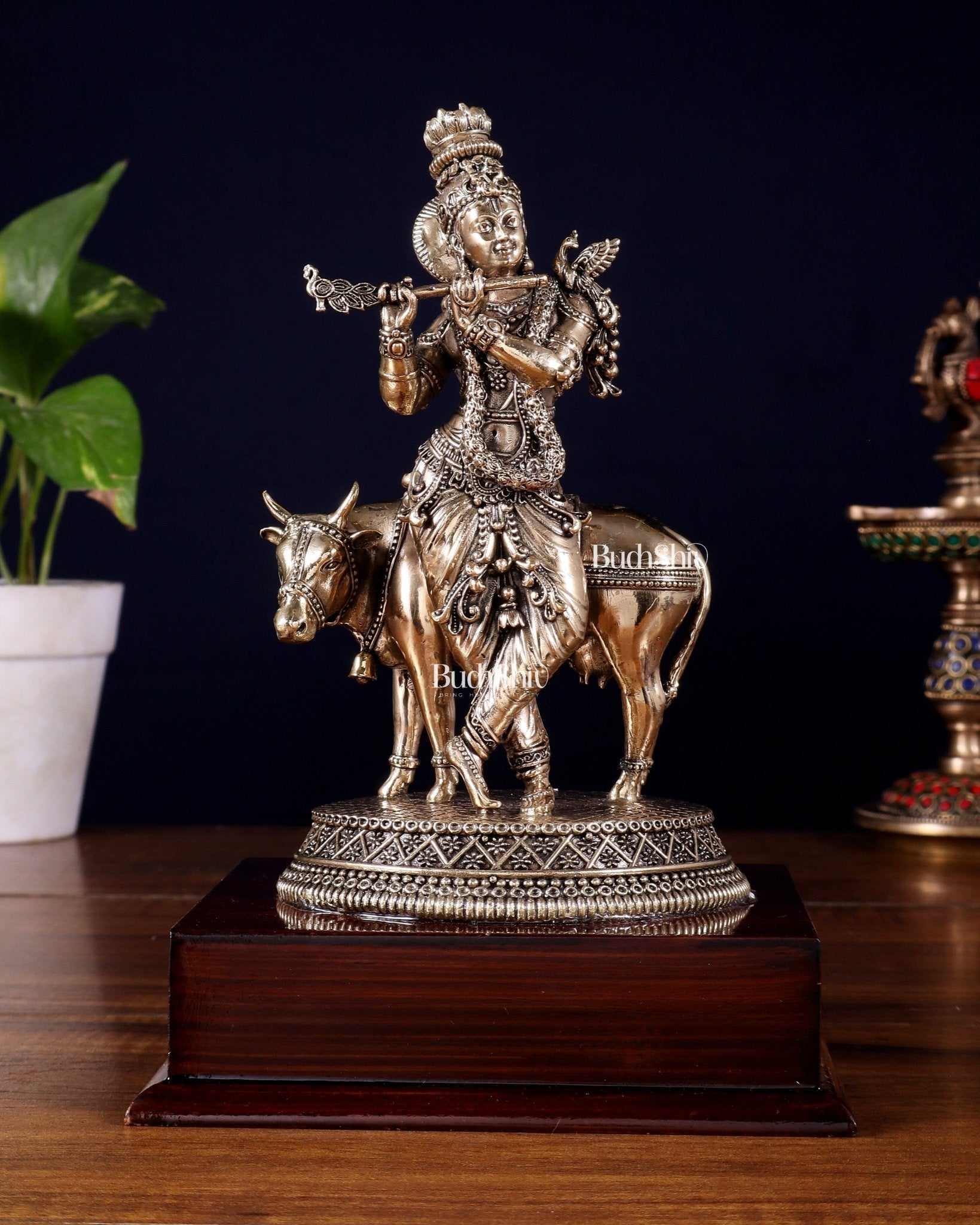 Superfine Brass Krishna with Cow on Wooden Base – 9 Inch - Budhshiv.com