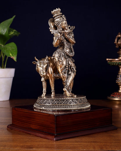 Superfine Brass Krishna with Cow on Wooden Base – 9 Inch - Budhshiv.com