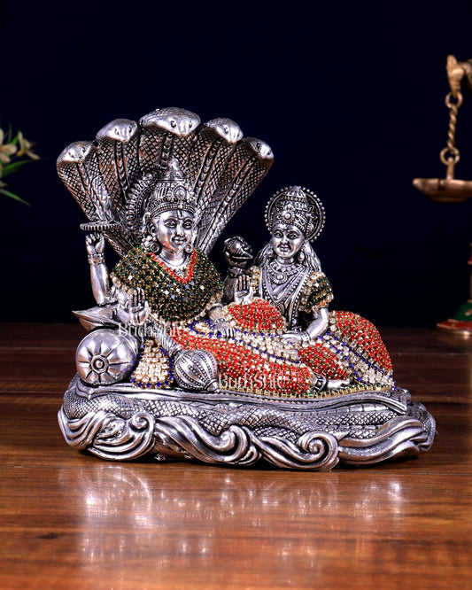 Superfine Brass Lakshmi Narayana Vishnu silver plated Idol with jewellery work - Budhshiv.com