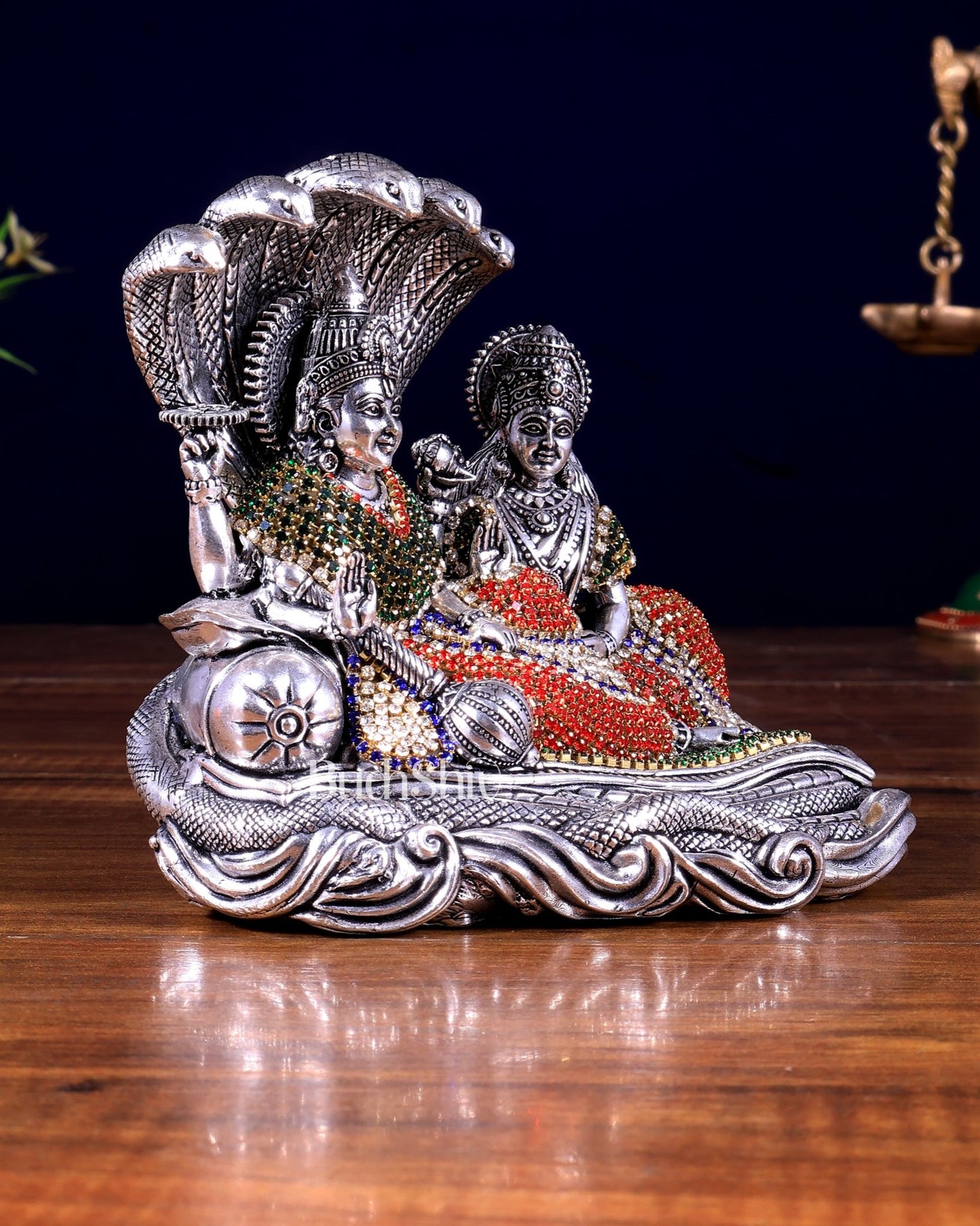 Superfine Brass Lakshmi Narayana Vishnu silver plated Idol with jewellery work - Budhshiv.com