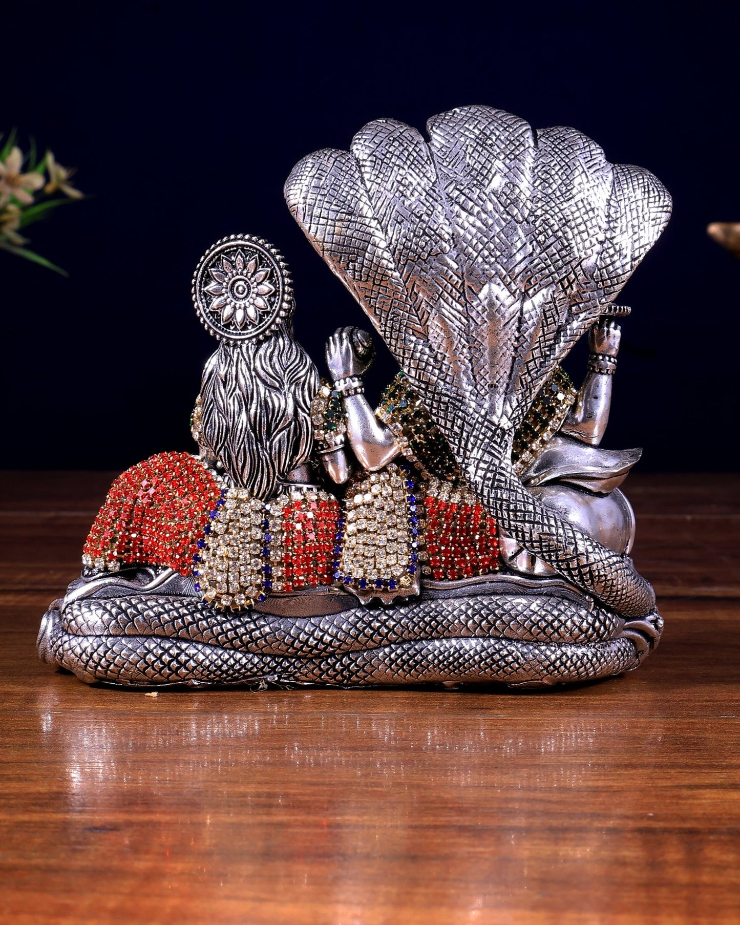 Superfine Brass Lakshmi Narayana Vishnu silver plated Idol with jewellery work - Budhshiv.com