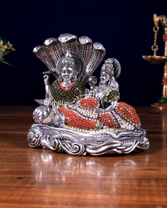 Superfine Brass Lakshmi Narayana Vishnu silver plated Idol with jewellery work - Budhshiv.com