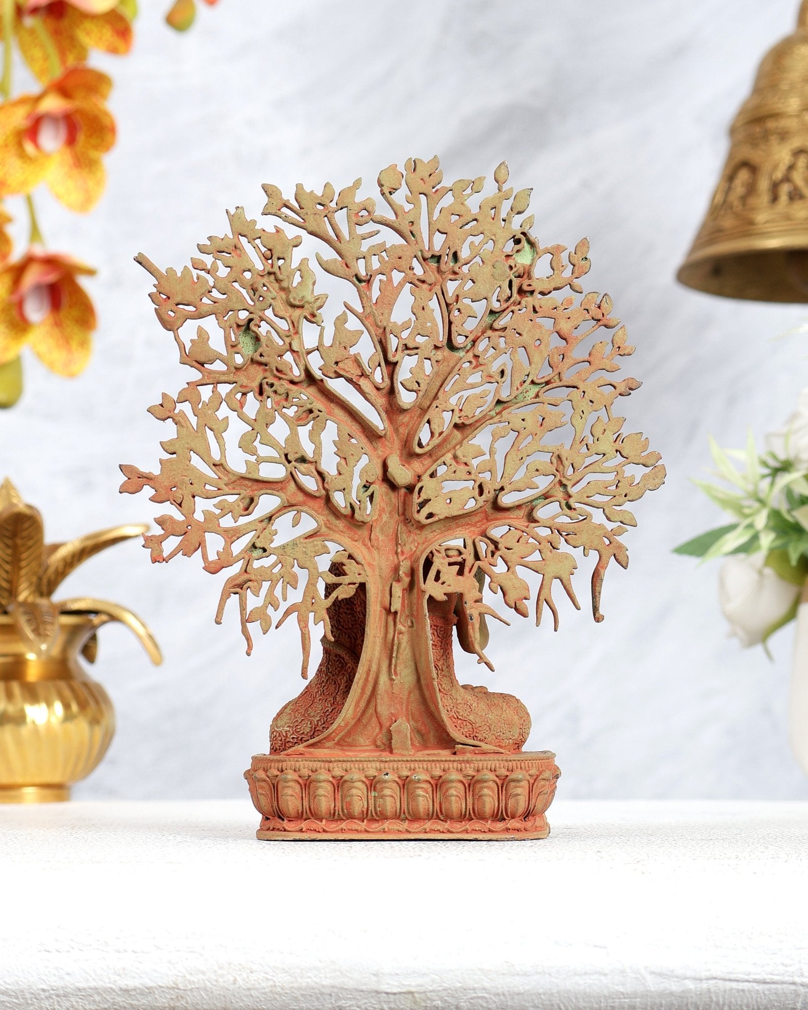 Superfine Brass Lord Buddha with Bodhi Tree Idol 6.5" vintage tone - Budhshiv.com