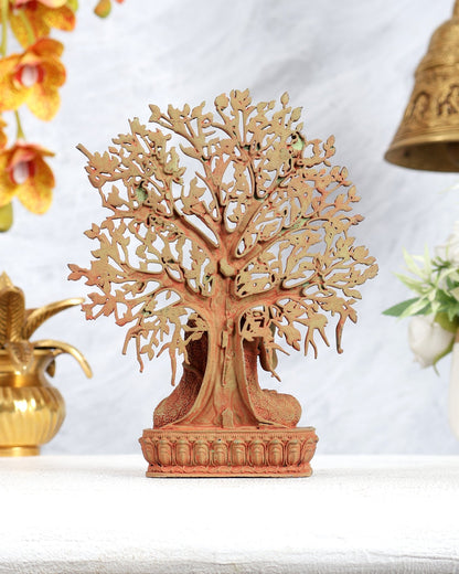 Superfine Brass Lord Buddha with Bodhi Tree Idol 6.5" vintage tone - Budhshiv.com