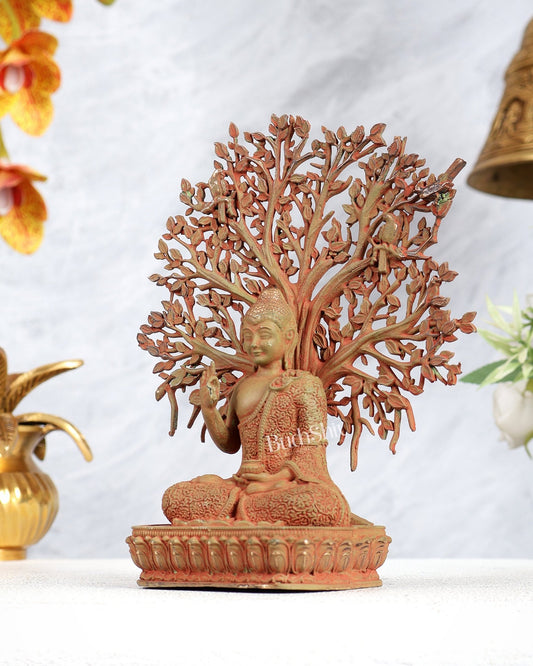 Superfine Brass Lord Buddha with Bodhi Tree Idol 6.5" vintage tone - Budhshiv.com