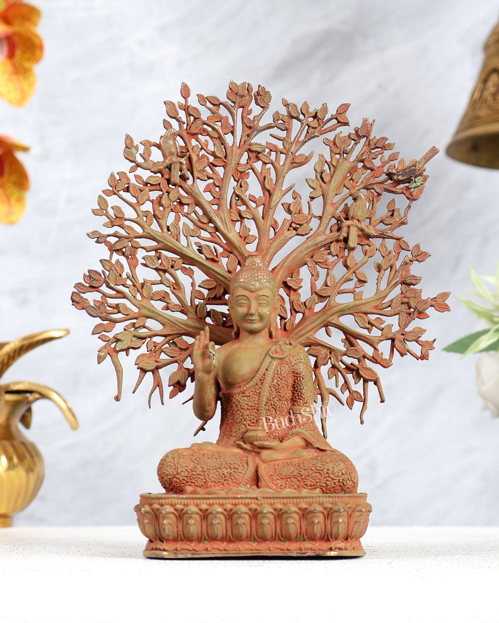 Superfine Brass Lord Buddha with Bodhi Tree Idol 6.5" vintage tone - Budhshiv.com