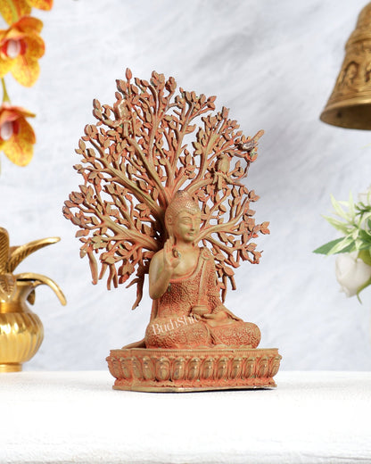 Superfine Brass Lord Buddha with Bodhi Tree Idol 6.5" vintage tone - Budhshiv.com