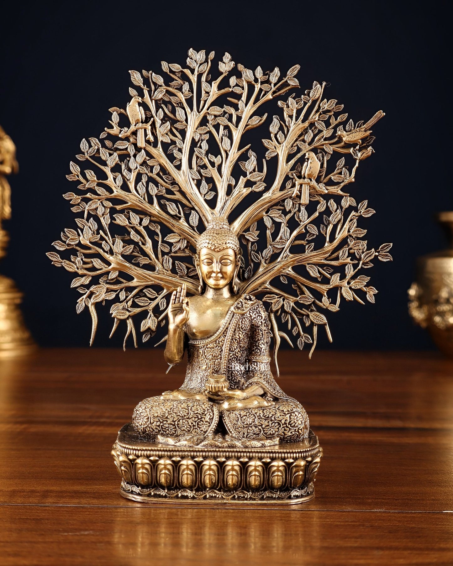 Superfine Brass Lord Buddha with Bodhi Tree Idol 6.5" - Budhshiv.com