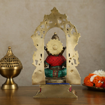Superfine Brass Lord Ganesha Idol with arch Meenakari Stonework - 12 inch - Budhshiv.com