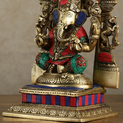 Superfine Brass Lord Ganesha Idol with arch Meenakari Stonework - 12 inch - Budhshiv.com