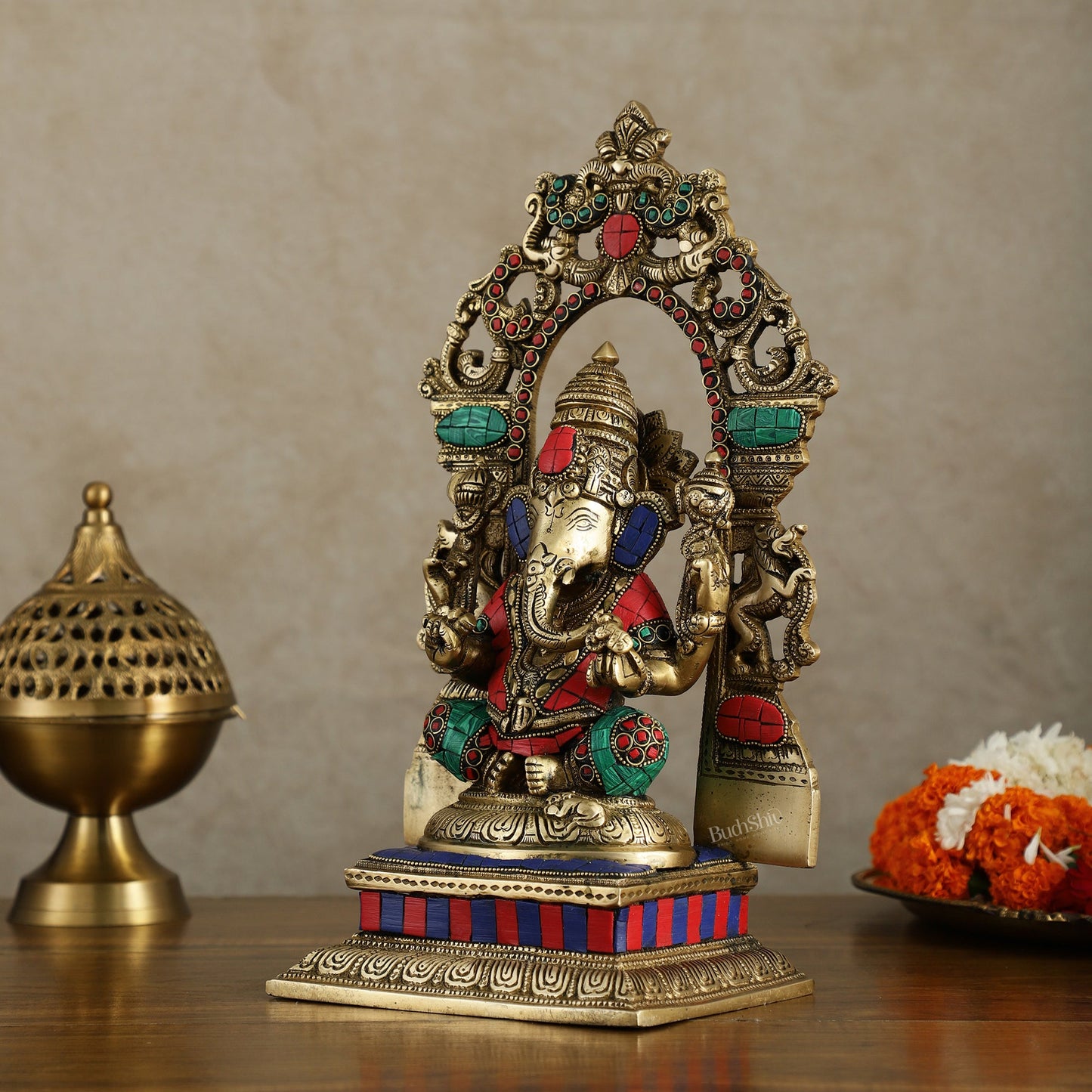 Superfine Brass Lord Ganesha Idol with arch Meenakari Stonework - 12 inch - Budhshiv.com