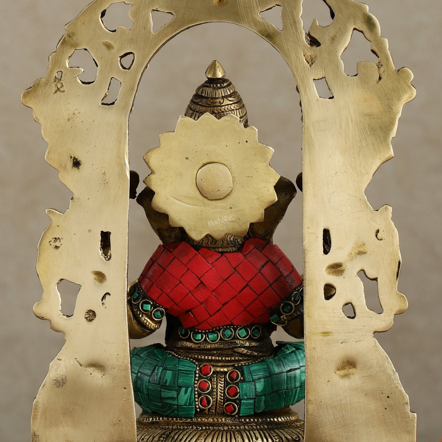 Superfine Brass Lord Ganesha Idol with arch Meenakari Stonework - 12 inch - Budhshiv.com