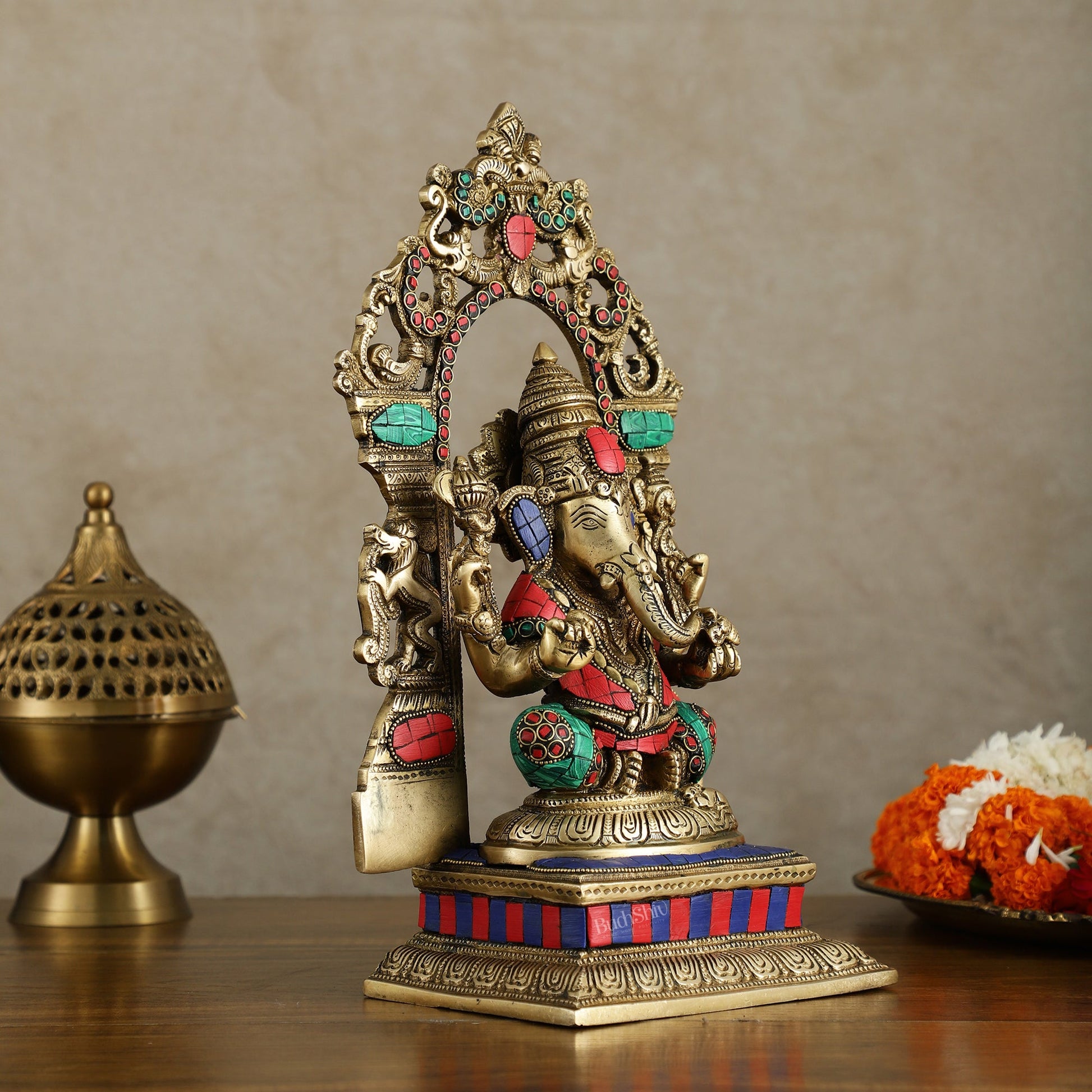 Superfine Brass Lord Ganesha Idol with arch Meenakari Stonework - 12 inch - Budhshiv.com