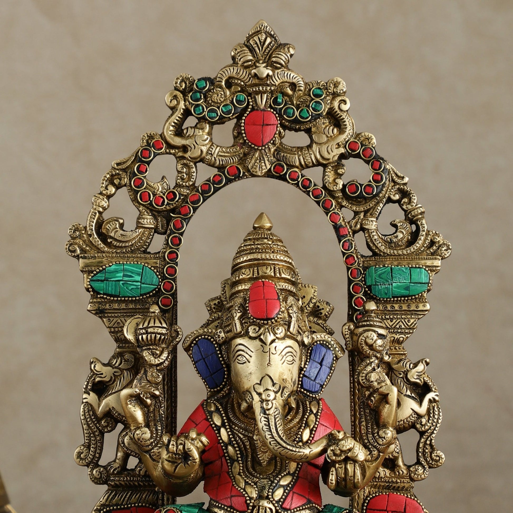 Superfine Brass Lord Ganesha Idol with arch Meenakari Stonework - 12 inch - Budhshiv.com