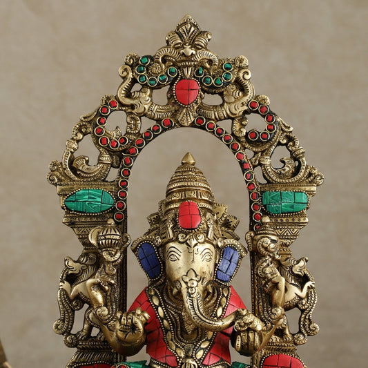 Superfine Brass Lord Ganesha Idol with arch Meenakari Stonework - 12 inch - Budhshiv.com