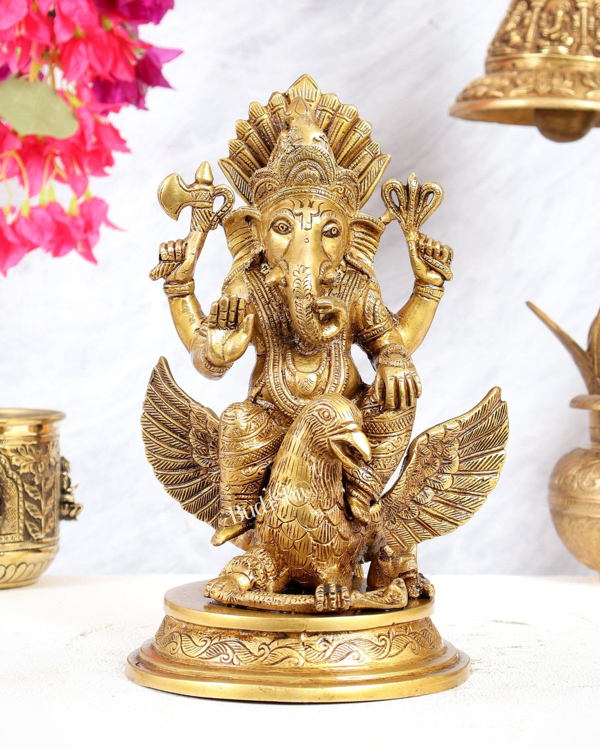 Superfine Brass Lord Ganesha Seated on Garuda - 10 inch - Budhshiv.com