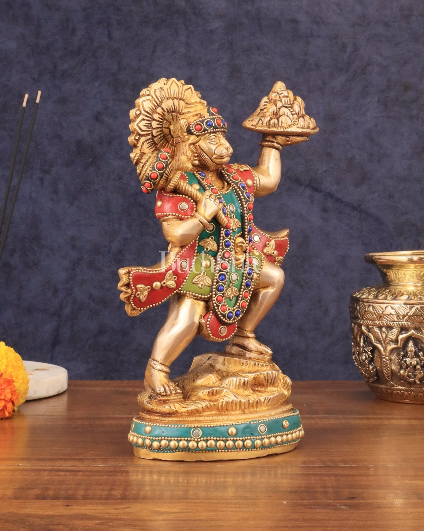 Superfine Brass Lord Hanuman with Sanjeevani Mountain 10 inch - Budhshiv.com