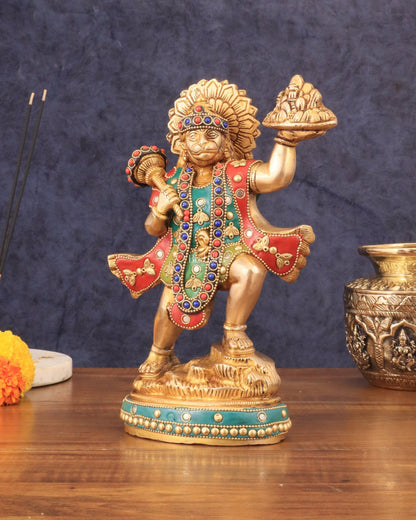 Superfine Brass Lord Hanuman with Sanjeevani Mountain 10 inch - Budhshiv.com