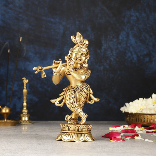 Superfine Brass Lord Krishna Idol Standing on Lotus Base - 7 inch - Budhshiv.com