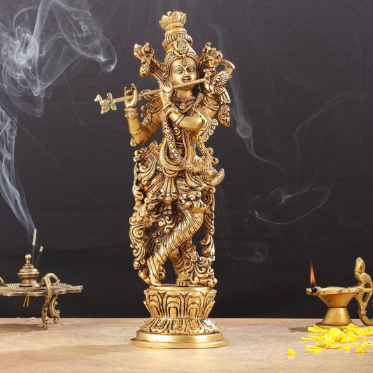 Superfine Brass Lord Krishna Idol with Enhanced Carvings - 14 inch - Budhshiv.com