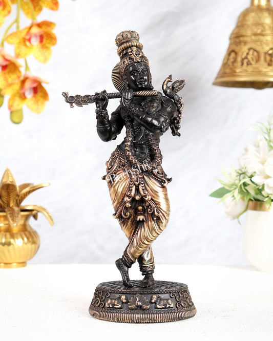 Superfine Brass Lord Krishna Intricate Idol 10 inch black tone - Budhshiv.com